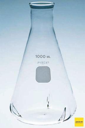 Колба качалочная, 1000 мл, стекло Pyrex, с отбойниками, с усиленным ободом на горле, 1 шт., Pyrex (Corning)